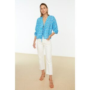 Trendyol Blue Floral Printed Lace-up Detailed Blouse