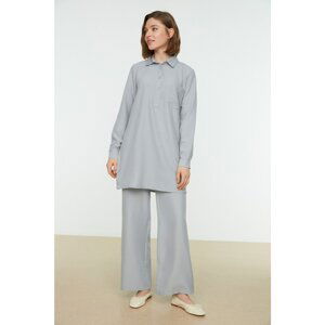 Trendyol Gray Shirt Collar Snap Detailed Wide Leg Woven Bottom-Top Set