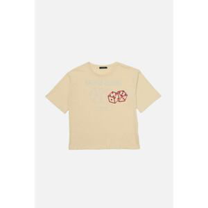 Trendyol Beige 100% Cotton Slogan Printed Relaxed/Wide, Comfortable Cut Crew Neck Knitted T-Shirt