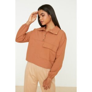Trendyol Camel Snap Detailed Polo Collar Basic Knitted Slim Sweatshirt