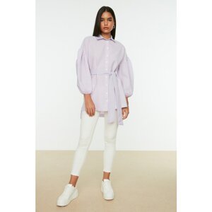 Trendyol Lilac Striped Belted Balloon Sleeves Back Long Woven Shirt