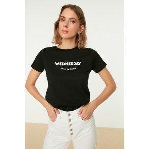 Trendyol Black Slogan Printed Basic Knitted T-Shirt