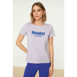 Trendyol Lilac Slogan Printed Basic Knitted T-Shirt