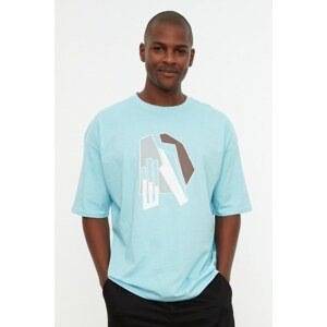 Trendyol Blue Men's Short Sleeve Oversize Fit 100% Cotton Printed T-Shirt