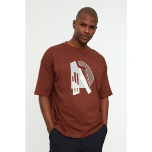 Trendyol Brown Brown Men's Short Sleeve Oversize Fit Printed T-Shirt