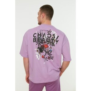 Trendyol Lilac Men's Oversize Fit 100% Cotton Crew Neck Short Sleeve Printed T-Shirt
