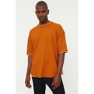 Trendyol Camel Men's Oversize Fit 100% Cotton Crew Neck Short Sleeve Paneled T-Shirt