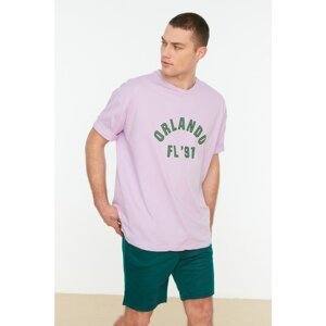 Trendyol Lilac Men's Oversize Fit 100% Cotton Crew Neck Printed T-Shirt