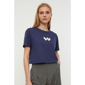 Trendyol Navy Blue Printed Crop Knitted T-Shirt