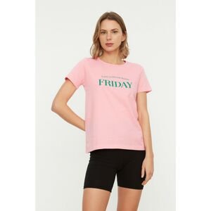Trendyol Pink Slogan Printed Basic Knitted T-Shirt