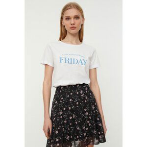 Trendyol White Slogan Printed Basic Knitted T-Shirt