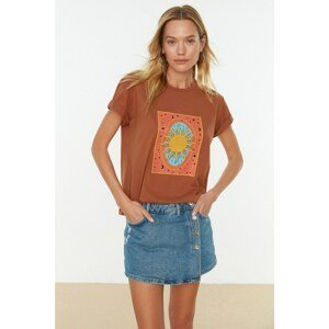 Trendyol Brown Printed Semi-fitted Knitted T-Shirt