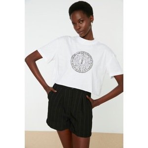 Trendyol White 100% Cotton Printed Crop Crew Neck Knitted T-Shirt