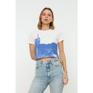 Trendyol White 100% Cotton Printed Crop Crew Neck Knitted T-Shirt