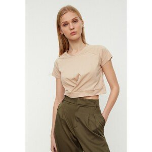Trendyol Beige Pleated Detailed Crop Knitted T-Shirt