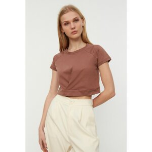 Trendyol Brown Pleated Detailed Crop Knitted T-Shirt