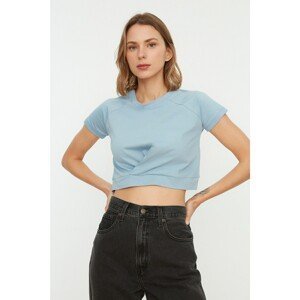 Trendyol Blue Pile Detailed Crop Knitted T-Shirt