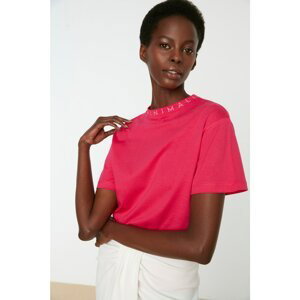 Trendyol Fuchsia Stand Up Collar Printed Basic Knitted T-Shirt