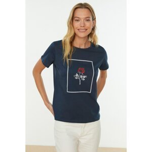 Trendyol Navy Blue Printed Basic Knitted T-Shirt