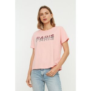 Trendyol Light Pink Printed Semifitted Knitted T-Shirt