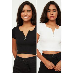 Trendyol Black and White Zipper Detailed Ribbed 2-Pack Knitted Blouse