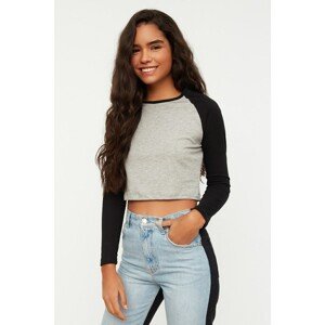 Trendyol Gray Color Block Crop Knitted T-Shirt