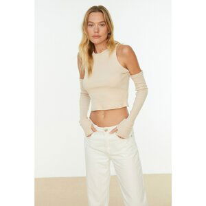 Trendyol Beige Embroidered Cut Out Detailed Crop Knitted Blouse