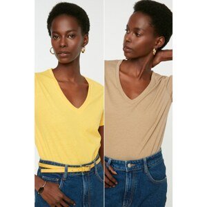 Trendyol Yellow-Stone Single Jersey Basic V-Neck 2-Pack Knitted T-Shirt