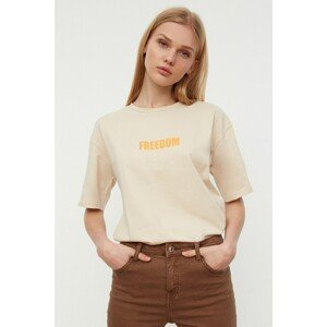 Trendyol Beige Printed Loose Knitted T-Shirt