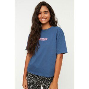 Trendyol Blue Printed Loose Knitted T-Shirt