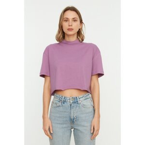 Trendyol Purple Stand Up Collar Crop Knitted T-Shirt