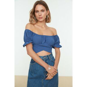 Trendyol Indigo Tie Detailed Carmen Collar Knitted Blouse