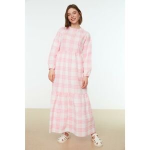 Trendyol Pink Plaid Crew Neck Textured Woven Dress