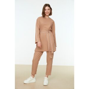 Trendyol Camel Contrast Pile Detailed Belted Tunic-Pants Woven Suit