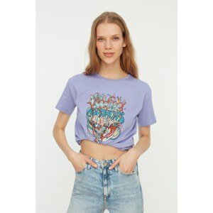 Trendyol Lilac Printed Semi-fitted Knitted T-Shirt