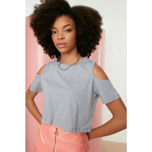 Trendyol Gray Cut Out Detailed Crop Knitted T-Shirt