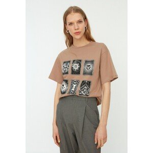 Trendyol Mink Printed Boyfriend Pattern Knitted T-Shirt