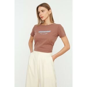Trendyol Brown Slogan Printed Basic Knitted T-Shirt