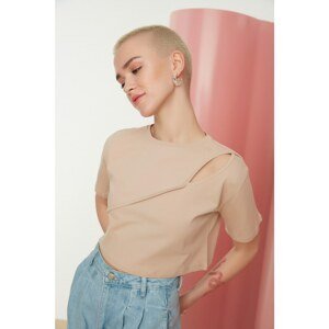 Trendyol Beige Cut Out Detailed Crop Knitted T-Shirt
