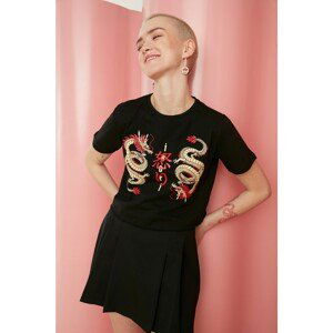 Trendyol Black Printed Crop Knitted T-Shirt