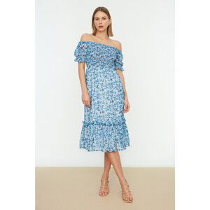 Trendyol Blue Woven Lined Chiffon Carmen Collar Gimped Midi Woven Dress