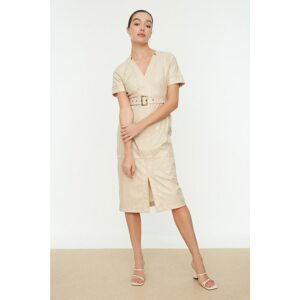 Trendyol Beige Belted Faux Leather Dress