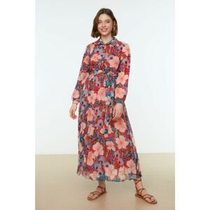Trendyol Multi Color Floral Pattern Shirt Collar Belted Lined Chiffon Woven Dress