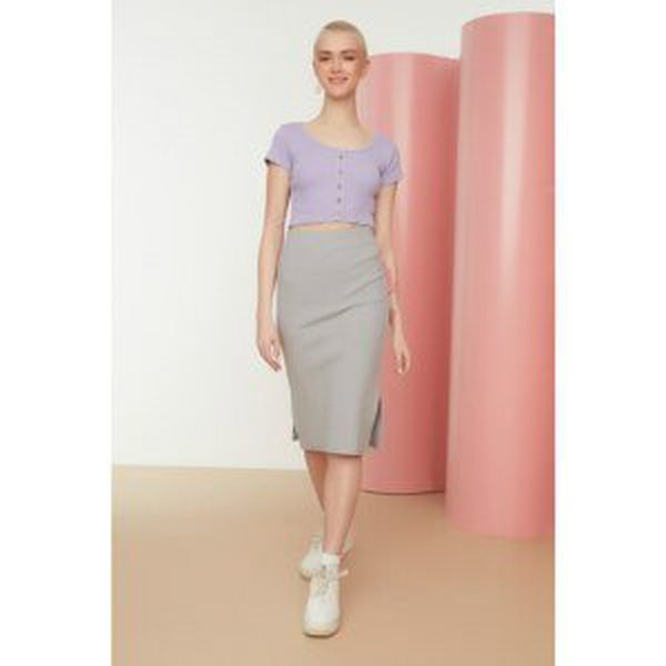 Trendyol Gray Slit Detailed Corded Bodycon Knitted Skirt