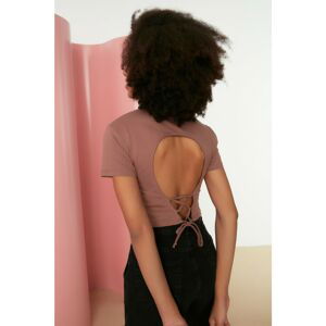 Trendyol Brown Tie Back Crop Knitted T-Shirt