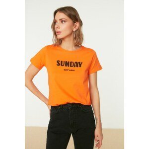 Trendyol Orange Slogan Printed Basic Knitted T-Shirt