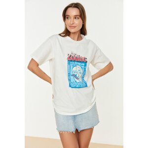 Trendyol Ecru Printed Boyfriend Knitted T-Shirt