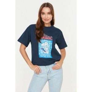 Trendyol Navy Blue Printed Boyfriend Knitted T-Shirt