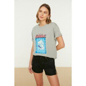 Trendyol Gray Printed Boyfriend Knitted T-Shirt