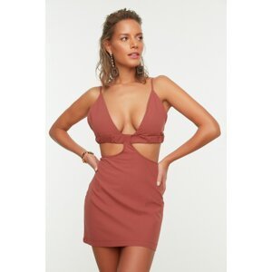 Trendyol Cinnamon Cut Out Detailed Linen Look Beach Dress